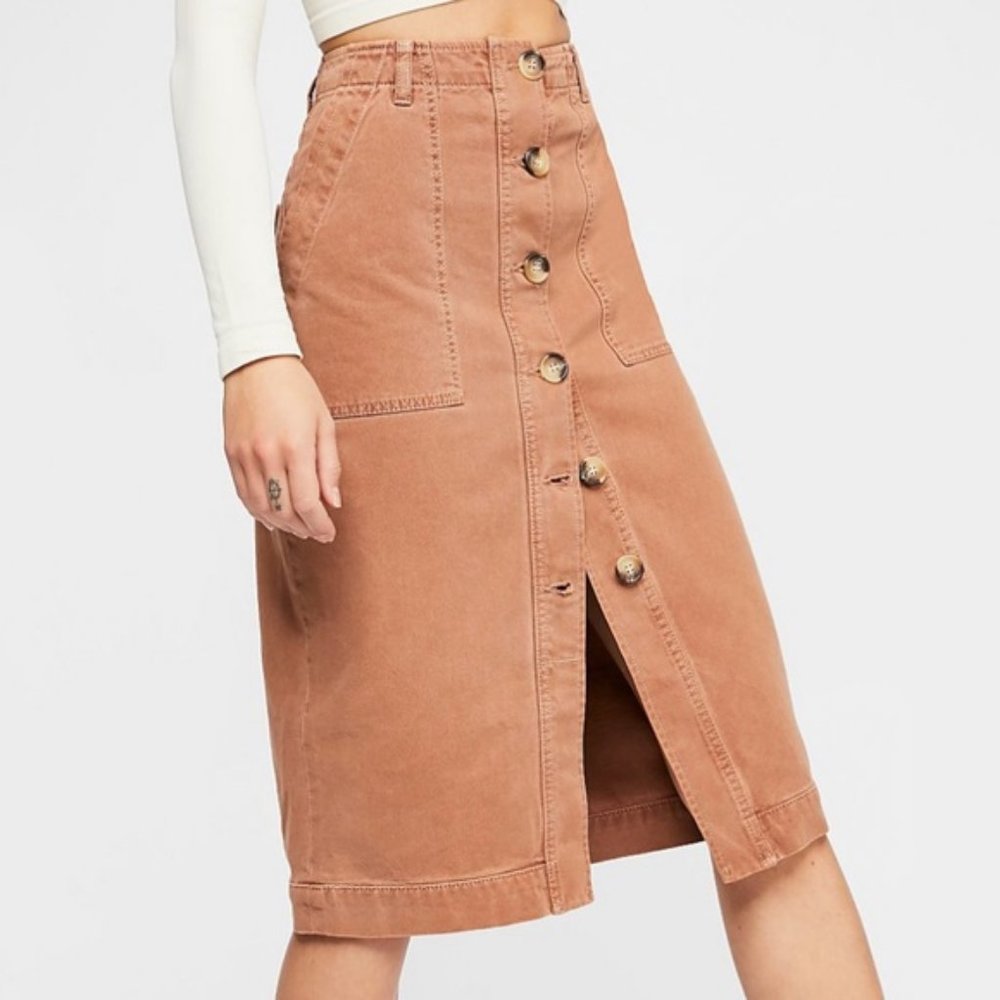 Free People Utility Skirt Button Down Denim Midi